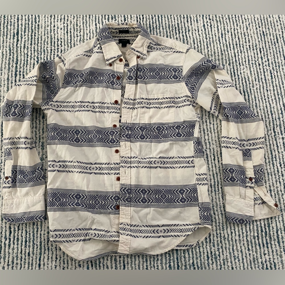 J Crew Patterned Button-Up Shirt in Blue and White Native American Indian slim